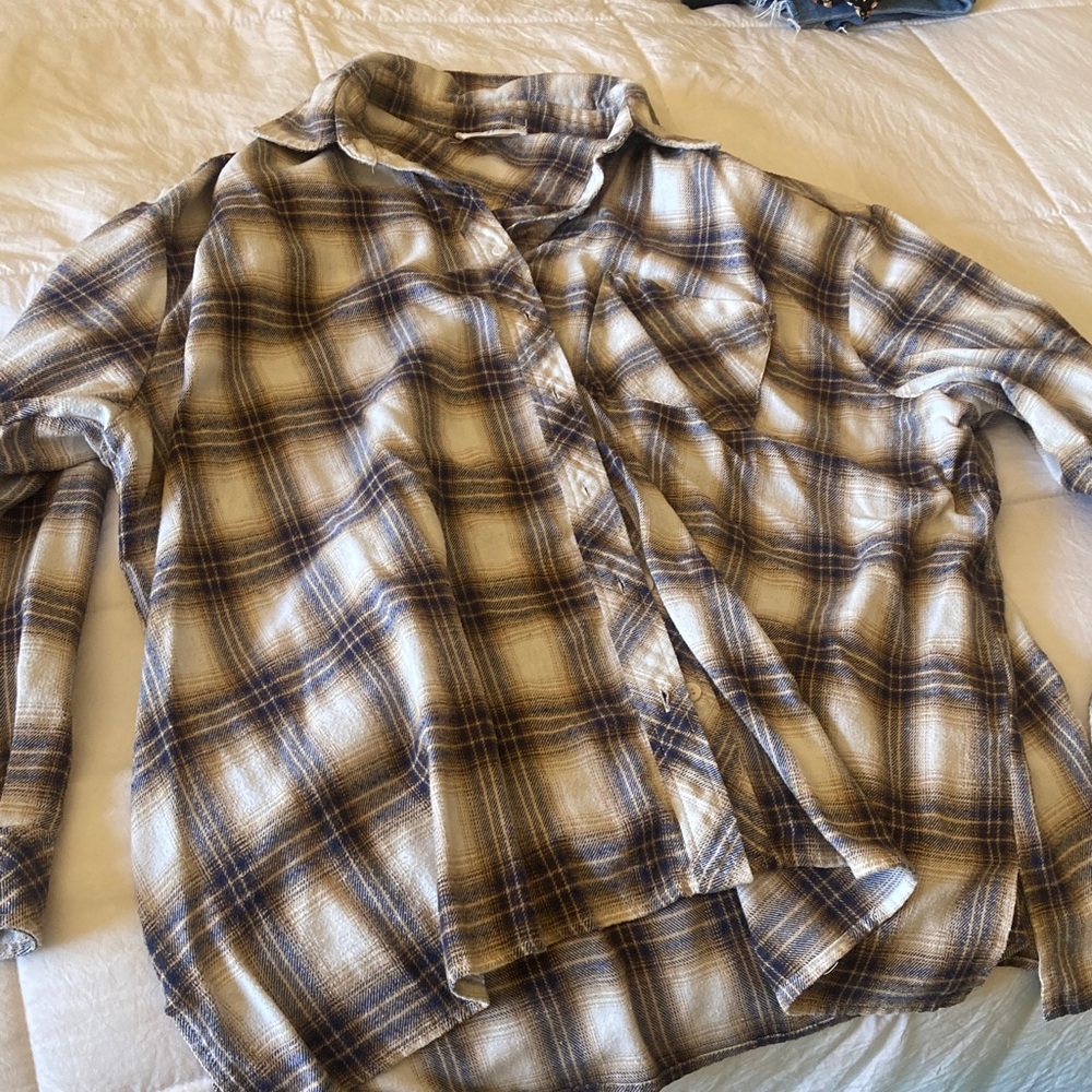 Carly Jean Los Angeles Plaid Button-Down Shirt in Cream, Brown & Navy